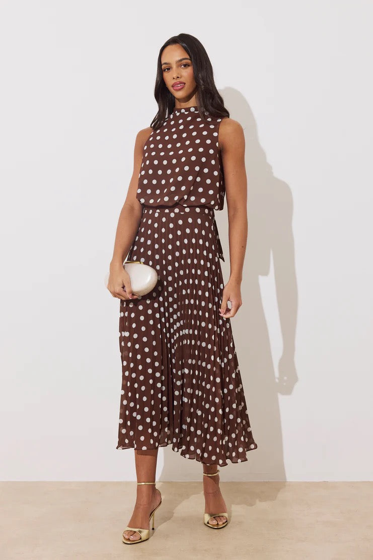The 8th Sign Milly Polka Pleated Dress - Brown