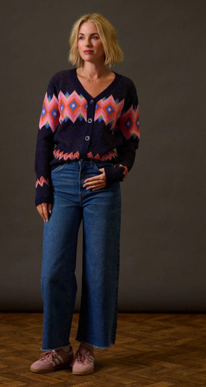 Sugarhill Brighton Izzy Cardigan - Navy, Diamond Fairisle