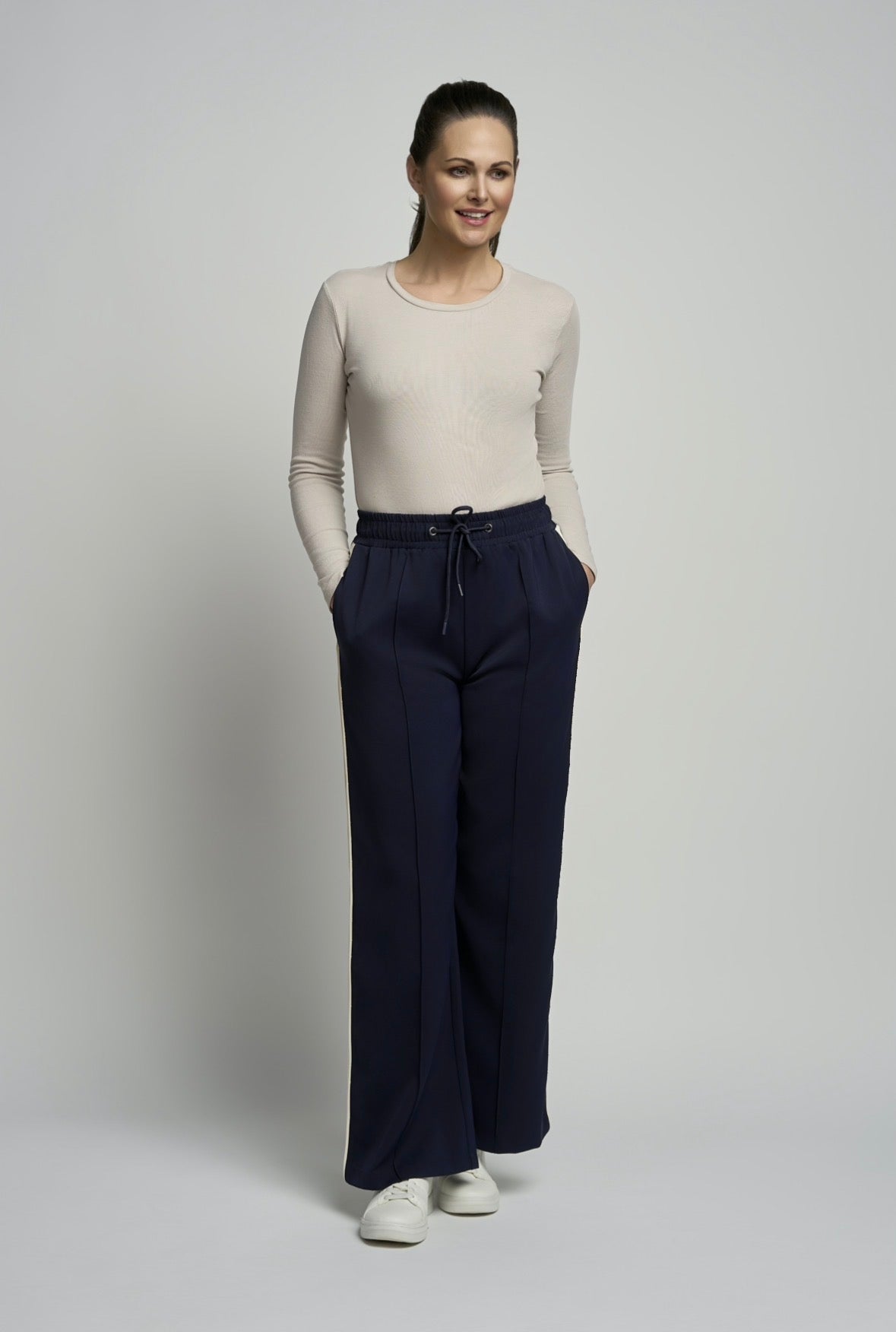 PINNS Sport-Luxe Wide-Leg Trousers - Navy/Ecru