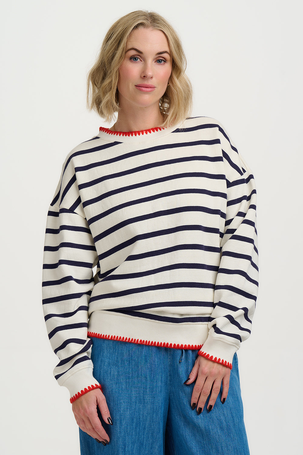 Sugarhill Brighton Noah Sweatshirt - Off White/Navy, Embroidery Trim