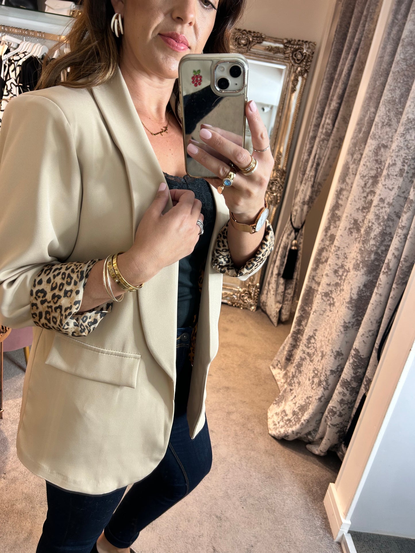 FY Oversized Leopard Print Cuff Blazer Caramel