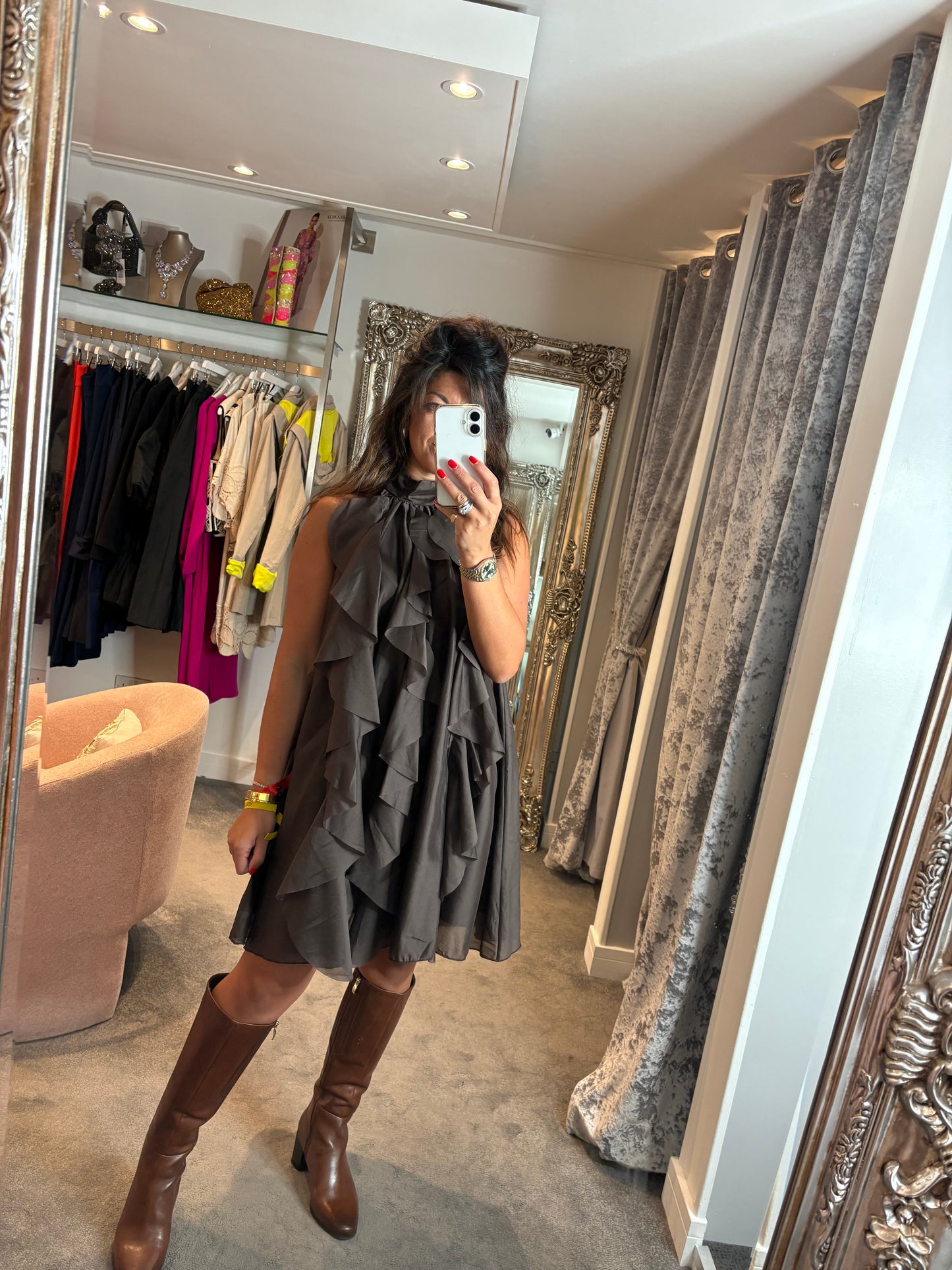 Studio Halter Neck Ruffle Dress - Chocolate