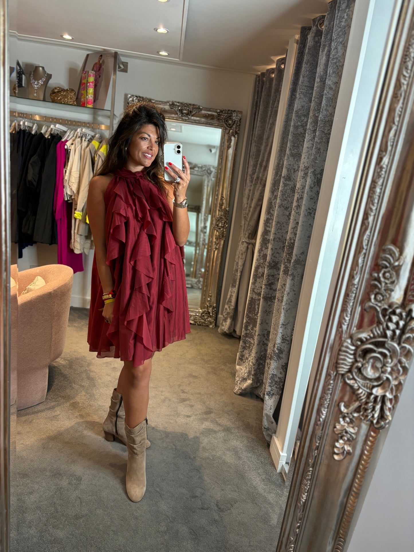 Studio Halter Neck Ruffle Dress - Red Wine
