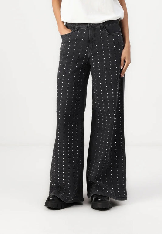 ICHI Braidy Washed Denim Crystal Jeans - Grey