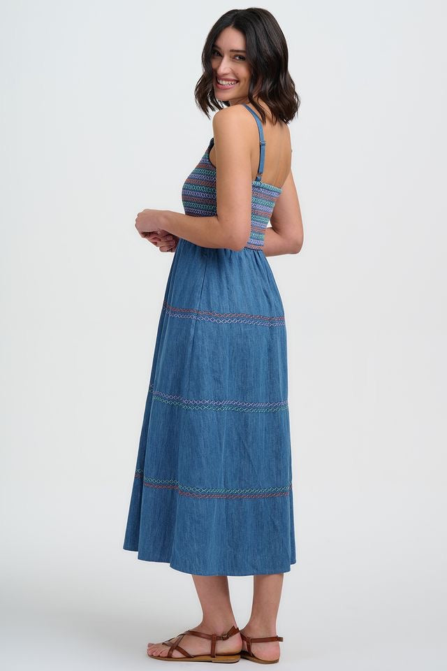 Sugarhill Brighton Murren Shirred Midi Dress - Blue Denim