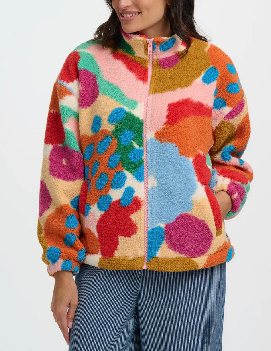 Sugarhill Brighton Hartley Zip Up Fleece - Off White/Multi, Abstract Floral