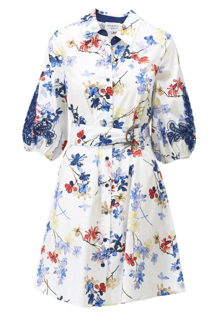 K-Design Floral Shirt Dress with Embroidered Sleeve - White/Navy