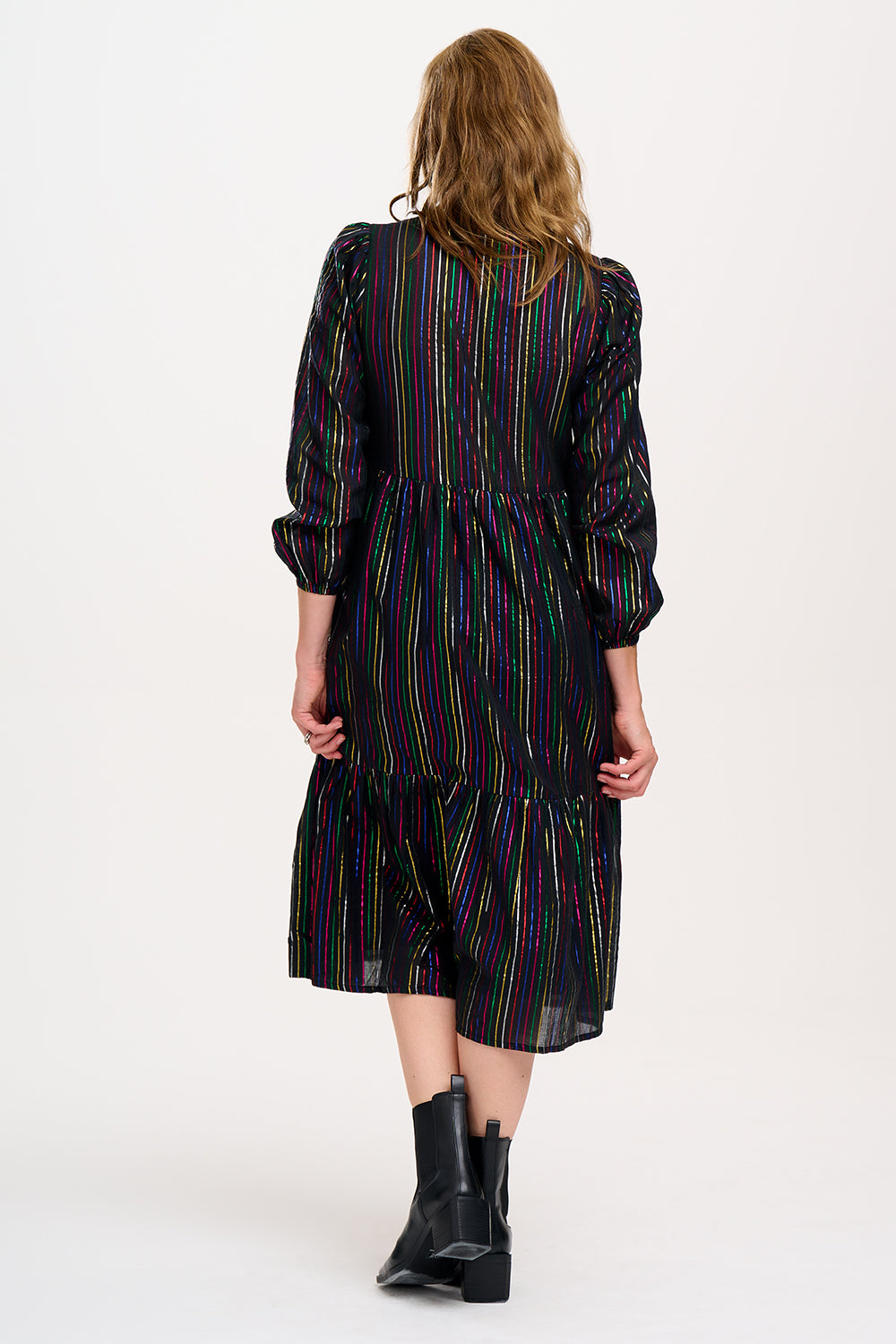 Sugarhill Brighton Esmeralda Midi Smock Dress - Black, Metallic Rainbow Stripe