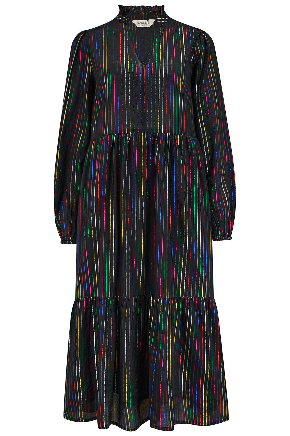 Sugarhill Brighton Esmeralda Midi Smock Dress - Black, Metallic Rainbow Stripe