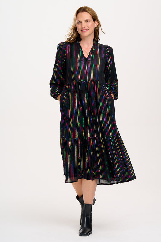 Sugarhill Brighton Esmeralda Midi Smock Dress - Black, Metallic Rainbow Stripe