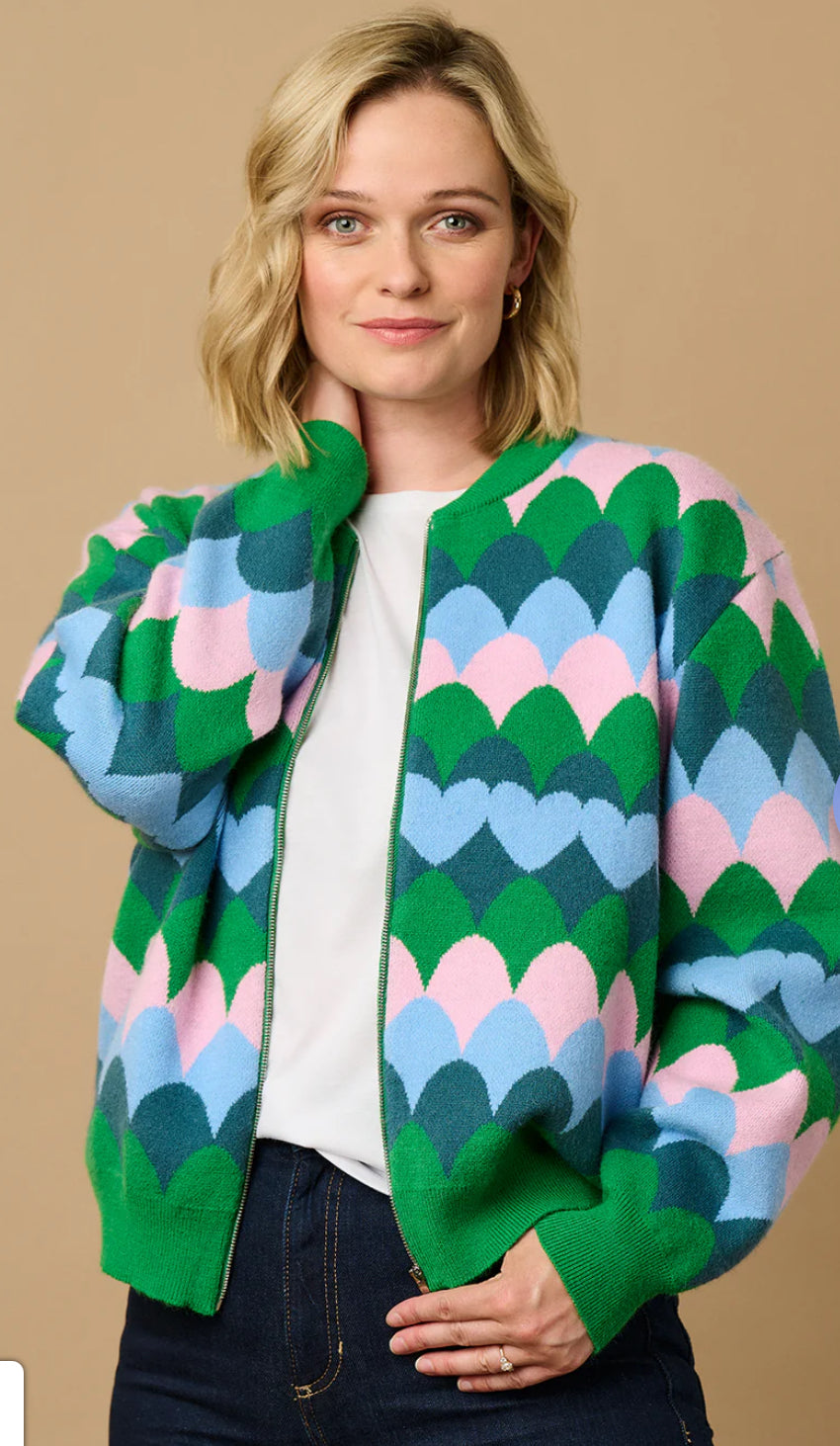 Sugarhill Brighton Solana Knitted Bomber - Multi Heart Scallop