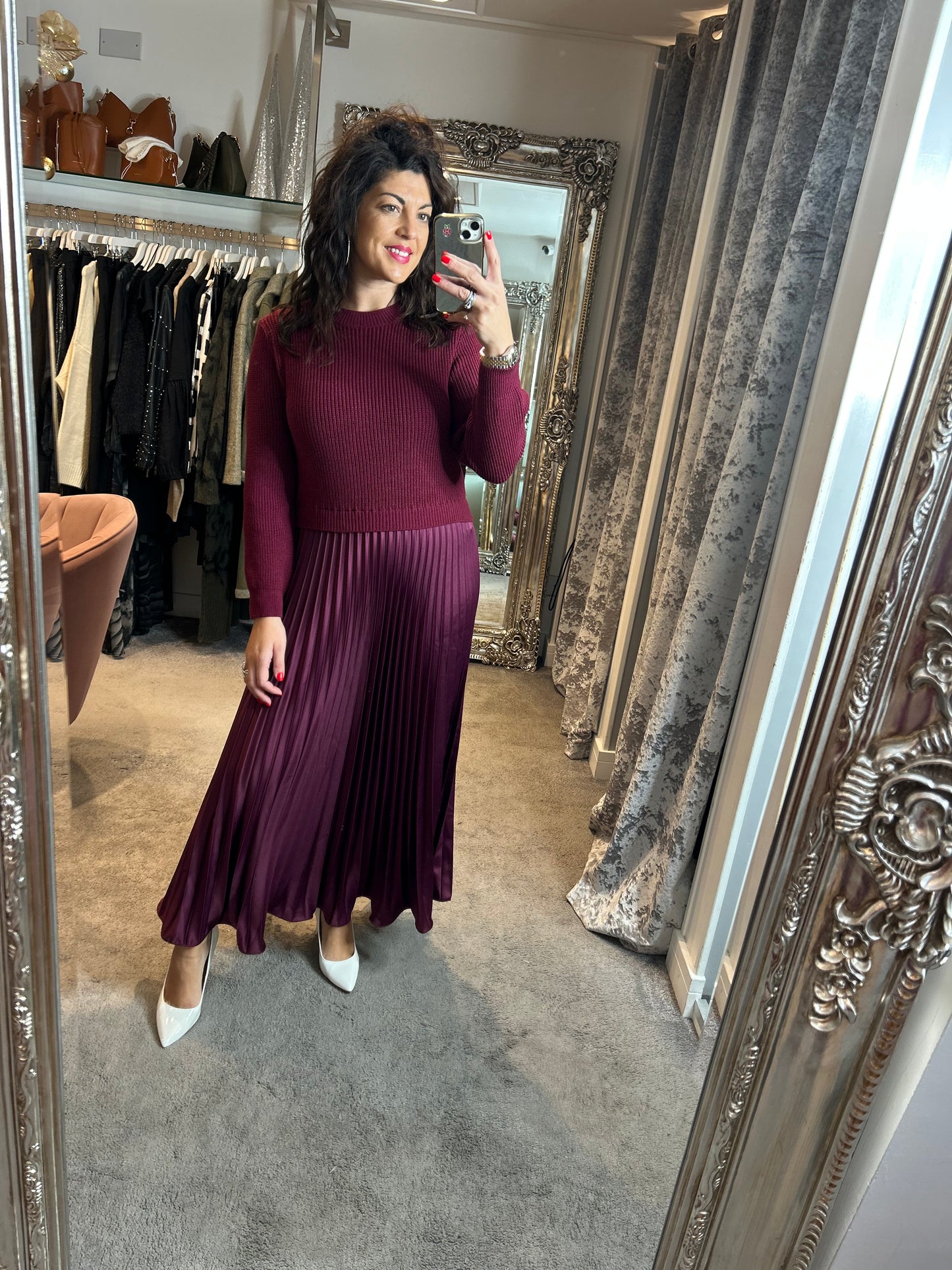 FY Plum Long Sleeve Pleated Jumper Dress