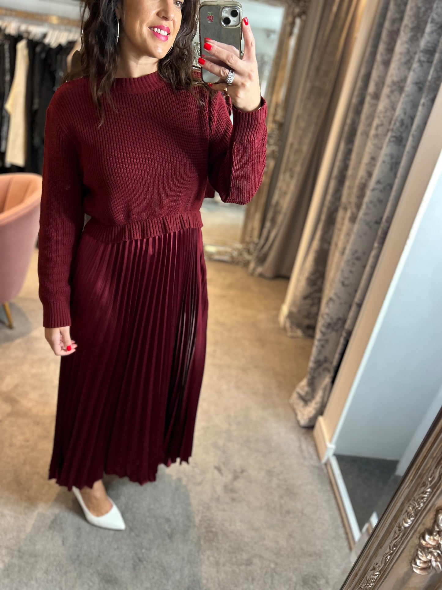 FY Wine Long Sleeve Pleated Jumper Dress