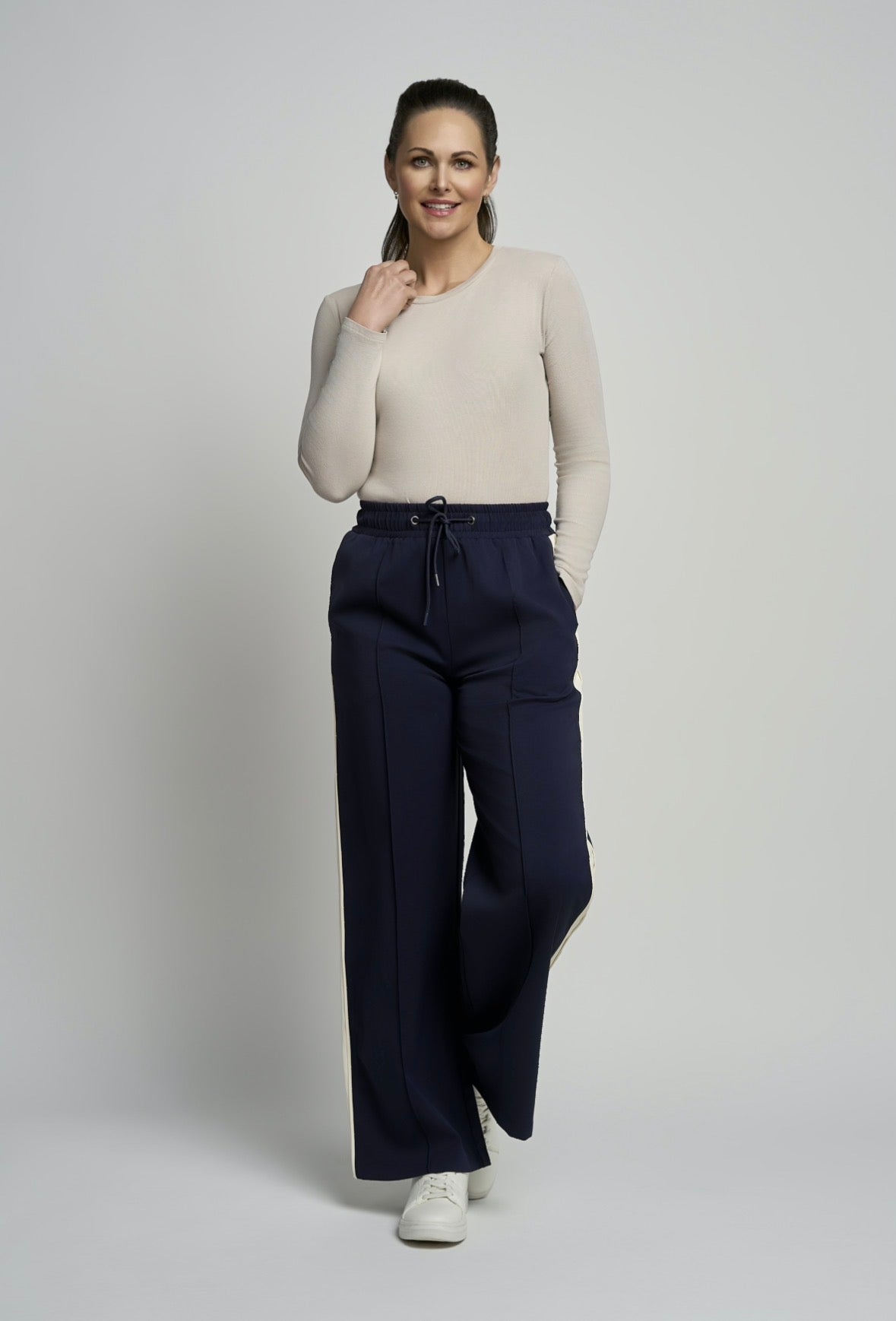 PINNS Sport-Luxe Wide-Leg Trousers - Navy/Ecru