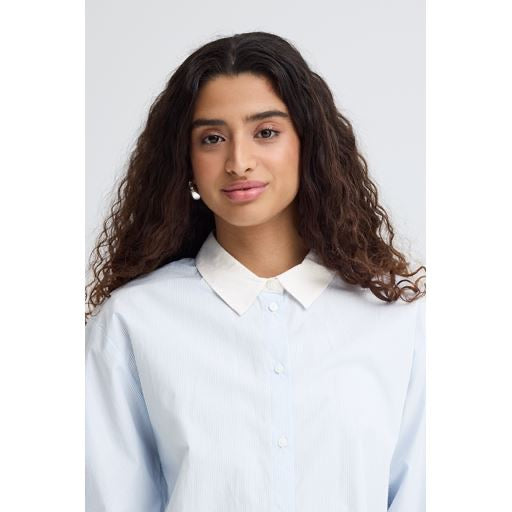 ICHI Keila Open Back Shirt - Baby Blue/White
