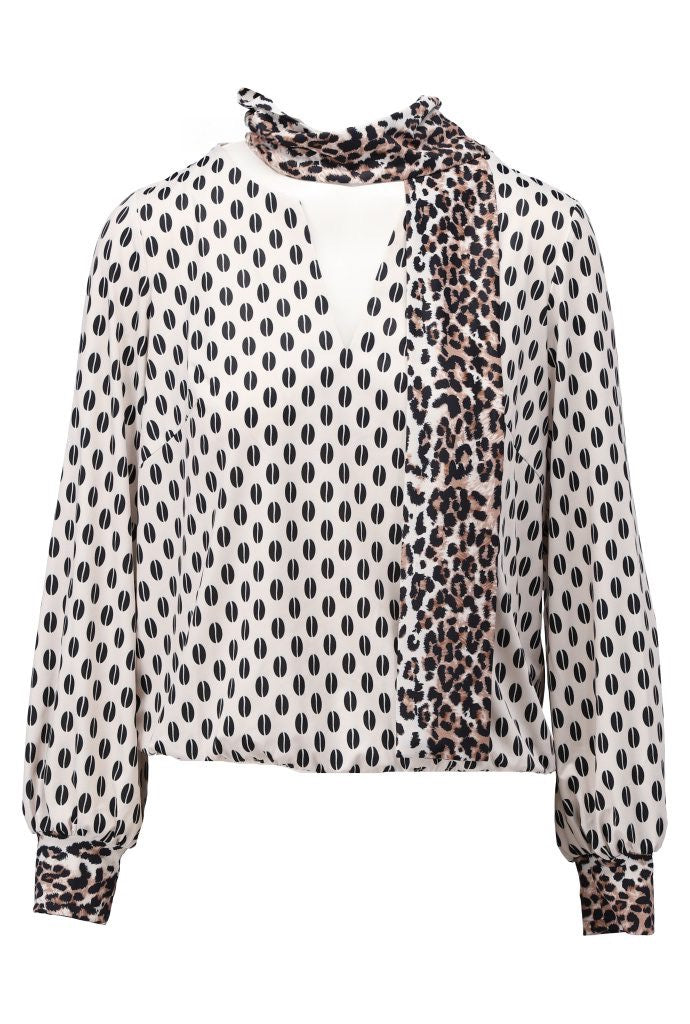 K-Design Bean Print V Neck Blouse with Scarf - Black/White