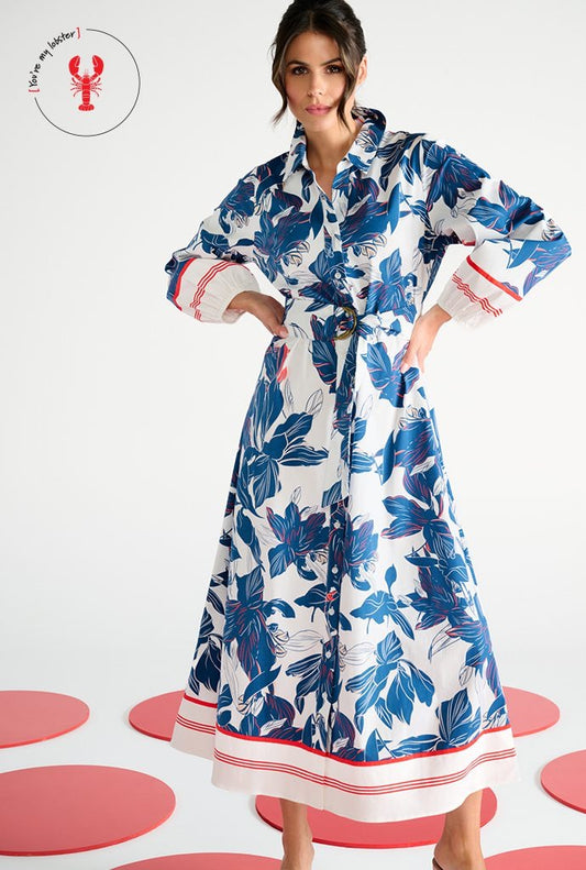 K-Design Floral Midi Shirt Dress - White/Blue