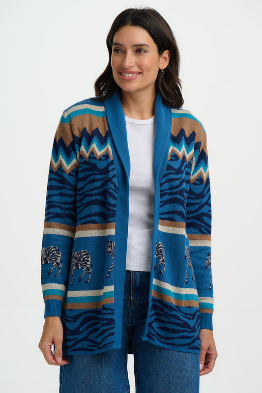 Sugarhill Brighton Saira Belted Cardigan - Blue, Desert Zebra