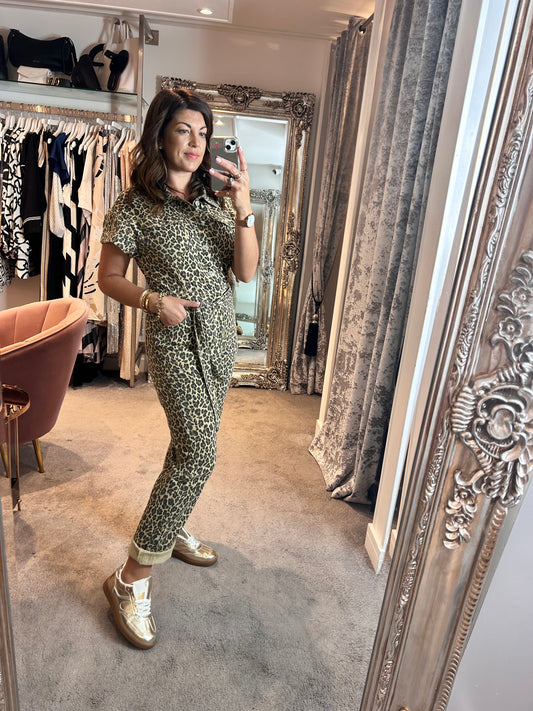 FY Beige Leopard Print Denim Jumpsuit