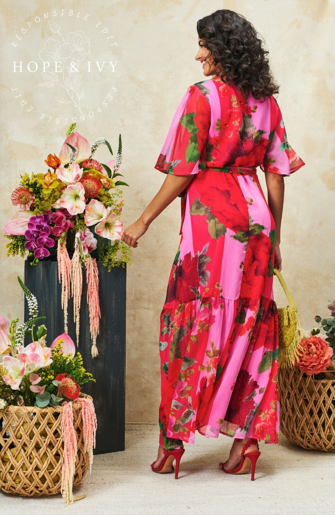Hope & Ivy The Rosanna Maxi Wrap Dress - Pink/Red