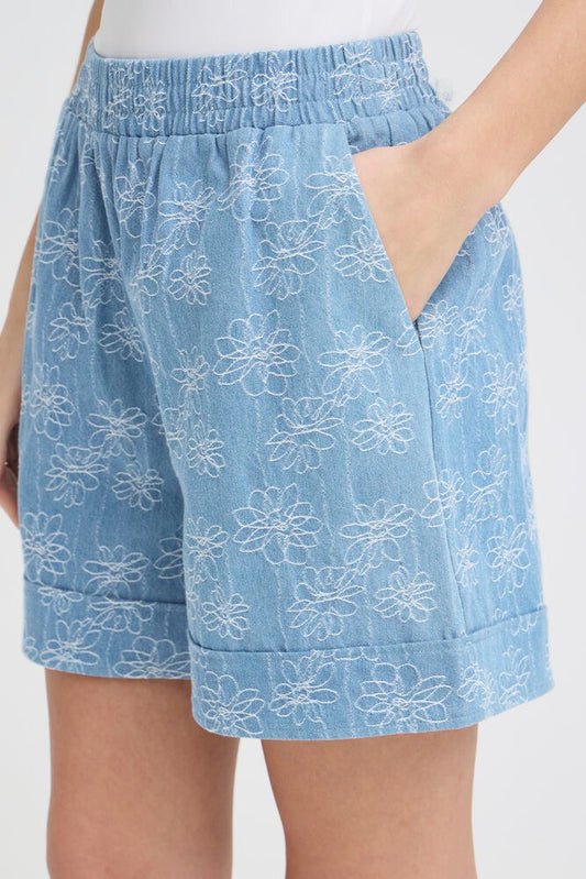ICHI Odette Embroidered Shorts - Denim