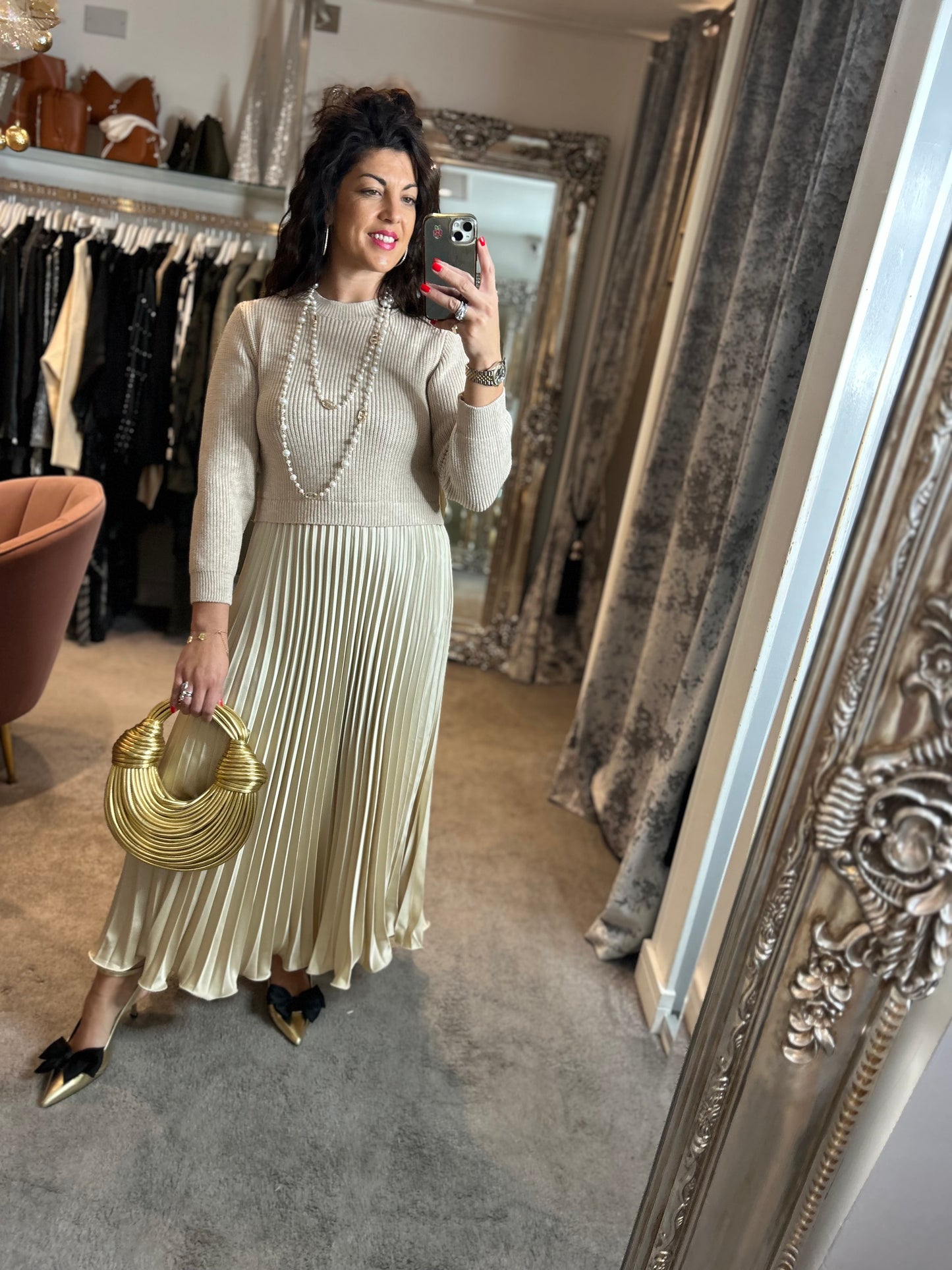 FY Cream Long Sleeve Pleated Jumper Dress