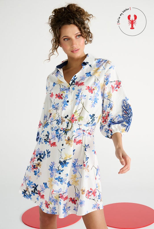 K-Design Floral Shirt Dress with Embroidered Sleeve - White/Navy