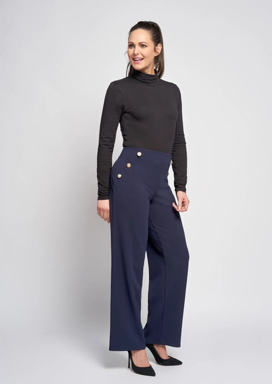 Pinns Wide Leg Button Detail Ponte Trousers - Navy