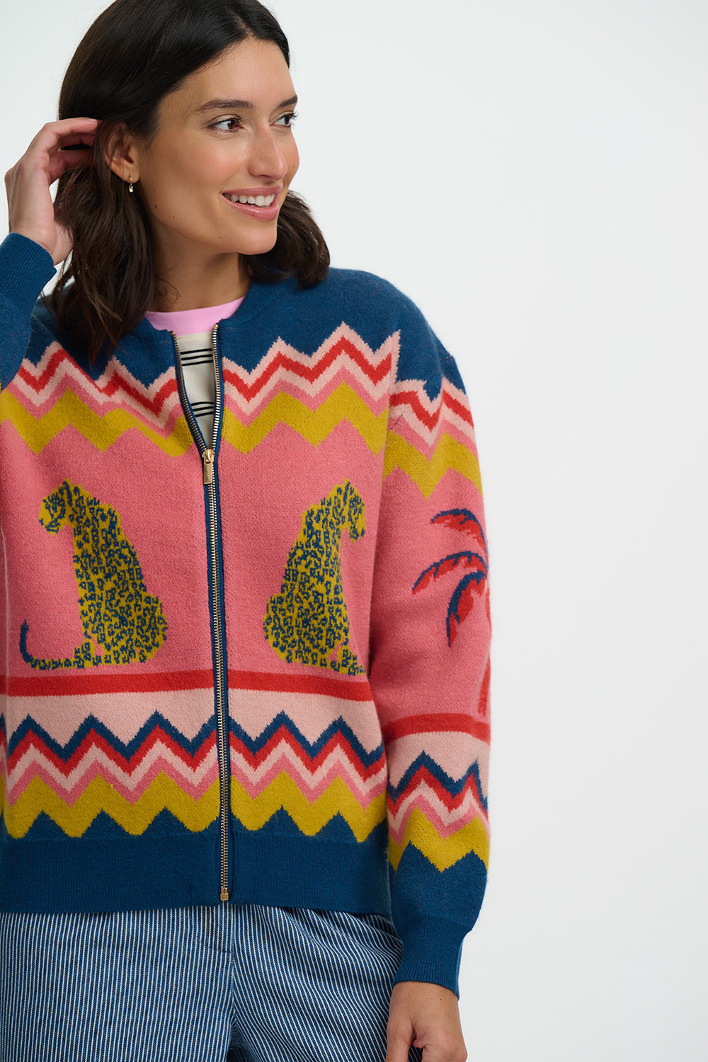 Sugarhill Brighton Solana Knitted Bomber - Multi, Leopard And Palms