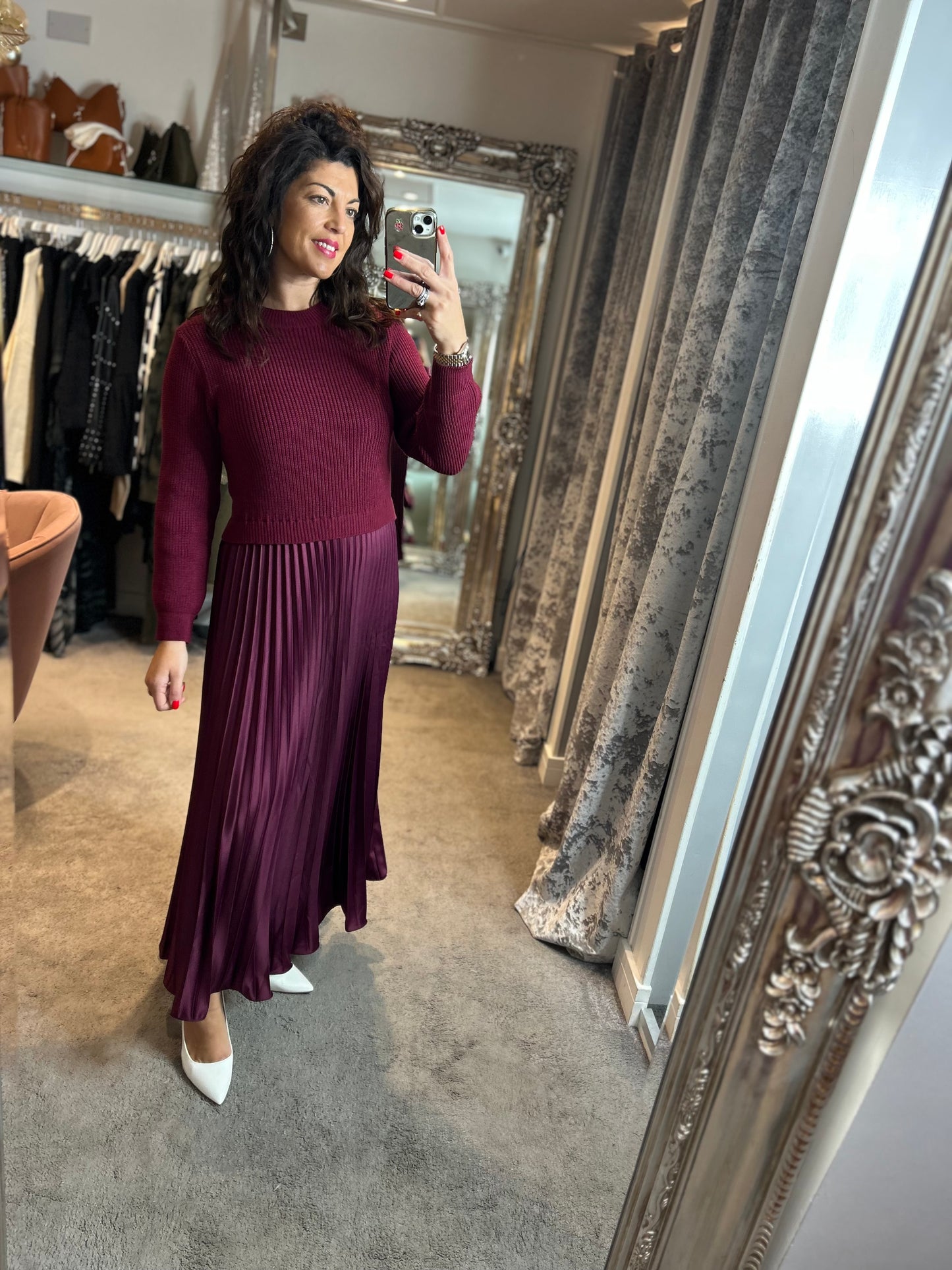 FY Plum Long Sleeve Pleated Jumper Dress