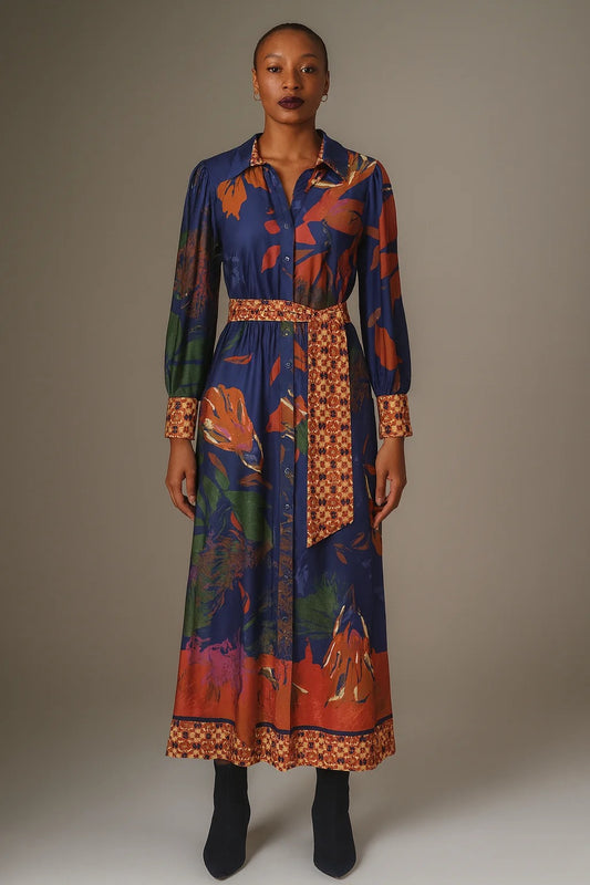 K Design Printed Shirt Dress - Navy