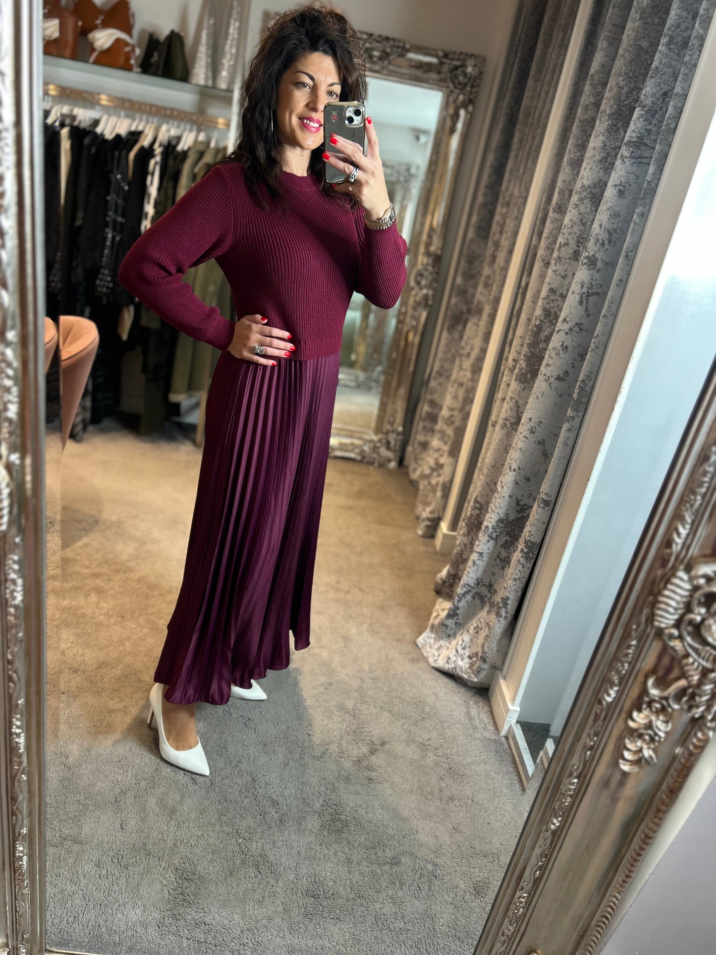 FY Plum Long Sleeve Pleated Jumper Dress