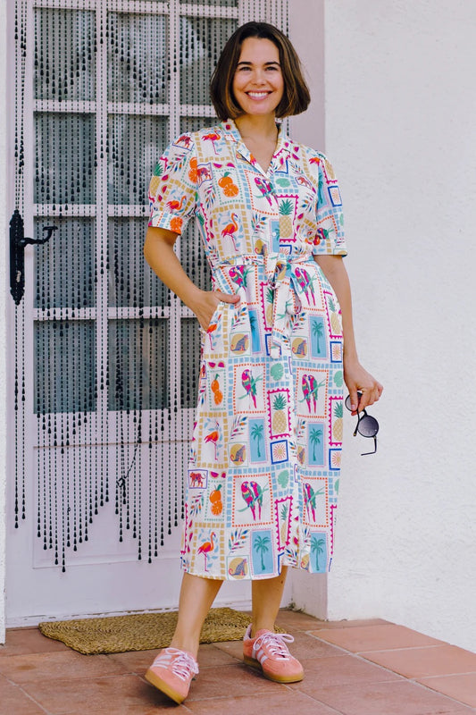 Sugarhill Brighton Penelope Midi Shirt Dress - Off-white, Jungle Tile