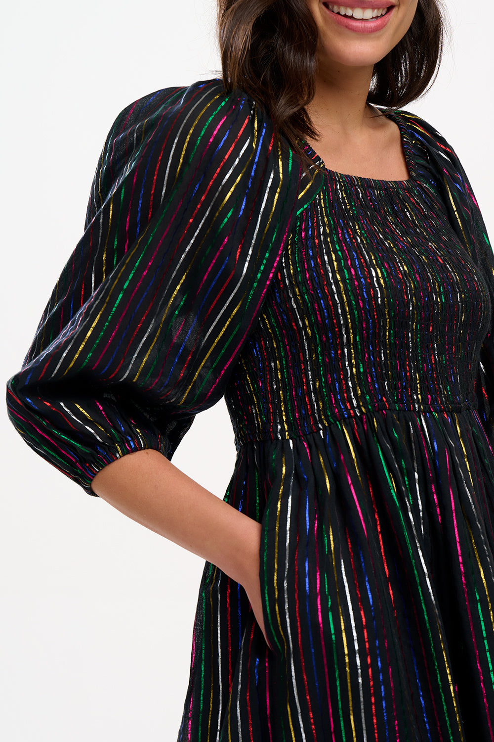 Sugarhill Brighton Electra Shirred Top - Black/Metallic Rainbow Stripe AW24