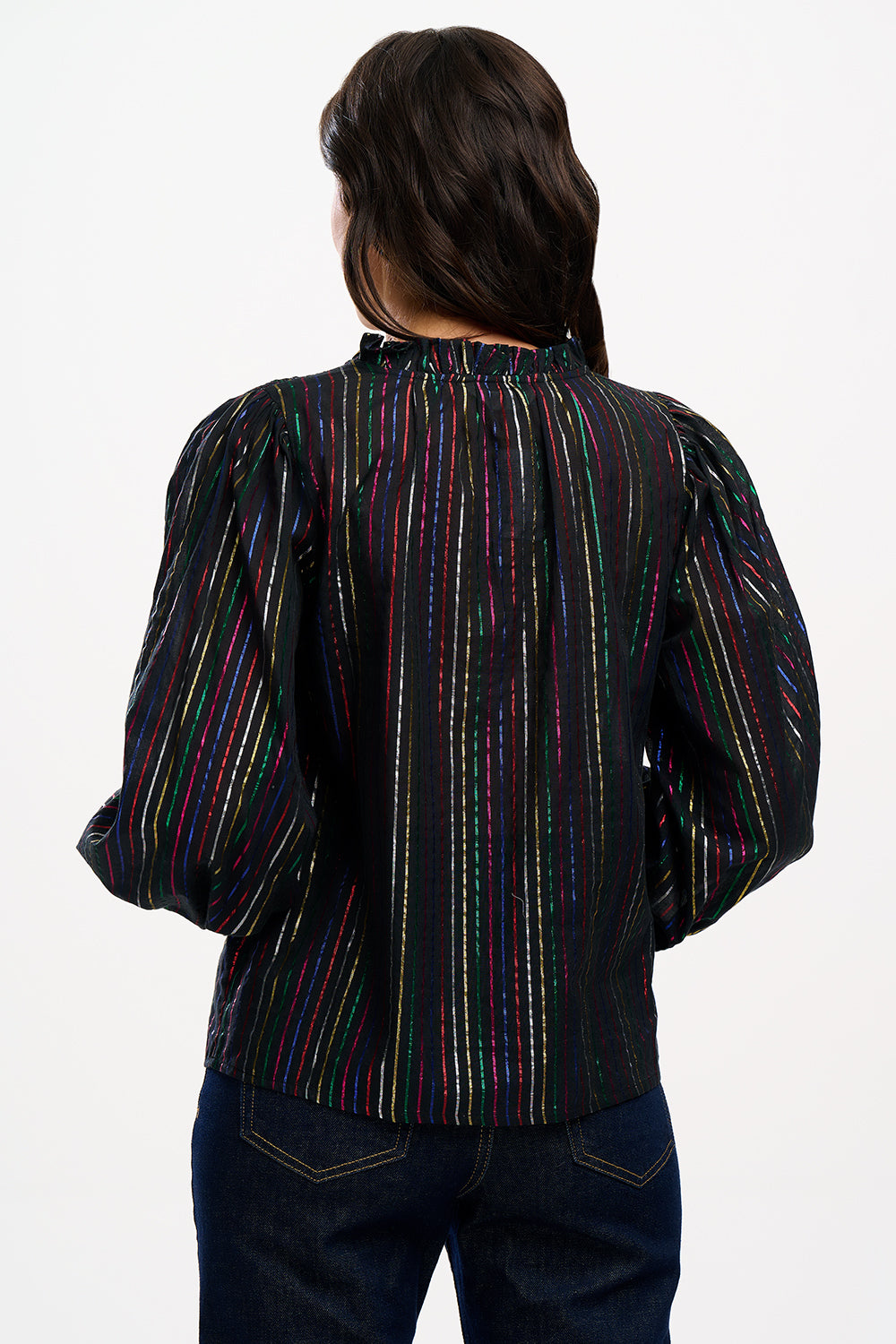 Sugarhill Brighton Electra Shirred Top - Black/Metallic Rainbow Stripe AW24